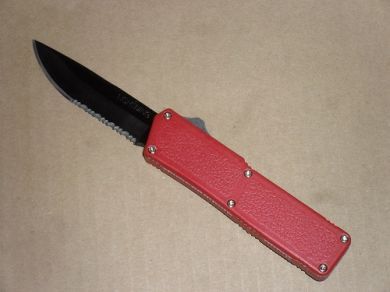 Lightning Red OTF D/A Automatic Knife Black Serrated Blade