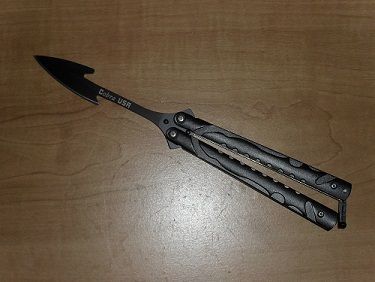 black satin harpoon butterfly knife b1