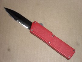 Lightning Red Otf D/A Automatic Knife Black Serrated Double Edge Blade