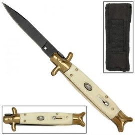 mobster switchblade stiletto black ivory gold knife GBS23