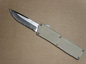 tan silver serrated otf widow automatic knife taiwan
